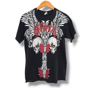 Yazbek Y2K Graphic T-Shirt Glory‎ Skulls Wings Roses Black Tee Mens Size S